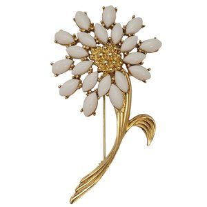 Trifari TM Gold Tone White Plastic Rhinestone Stemmed Flower Brooch, Signed E611
